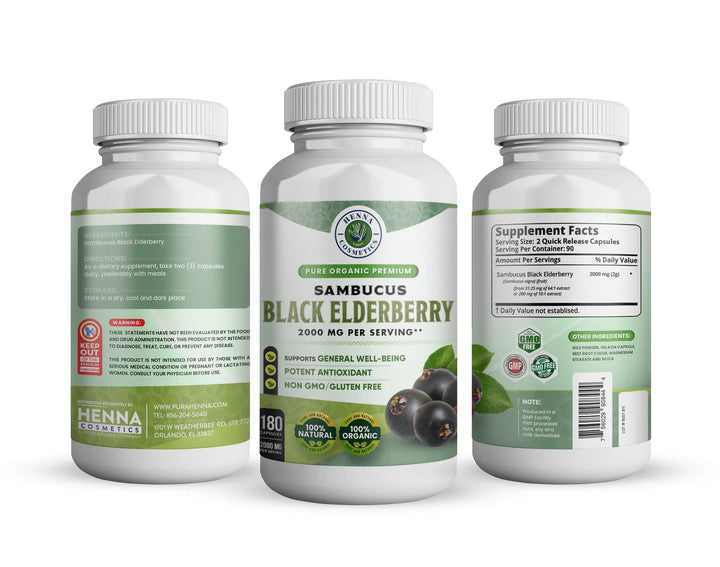 Black Elderberry Capsules 2000 mg (180 Capsules) - Sambucus Extract Herbal Supplement - Henna Cosmetics