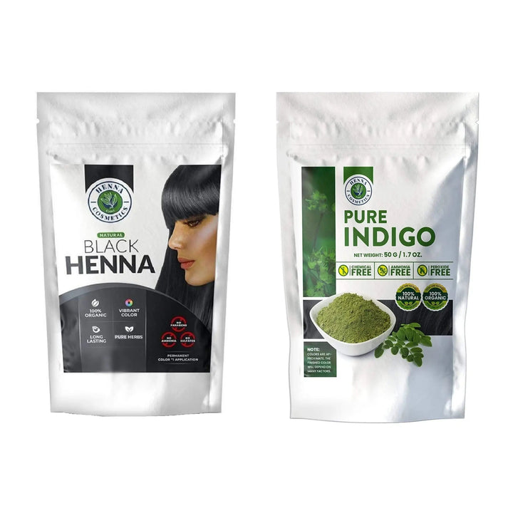 Black Henna Mix, Hair Dye 100 Grams + Pure Indigo Powder 100 Grams. (Bundle for Gray Hair) - Henna Cosmetics