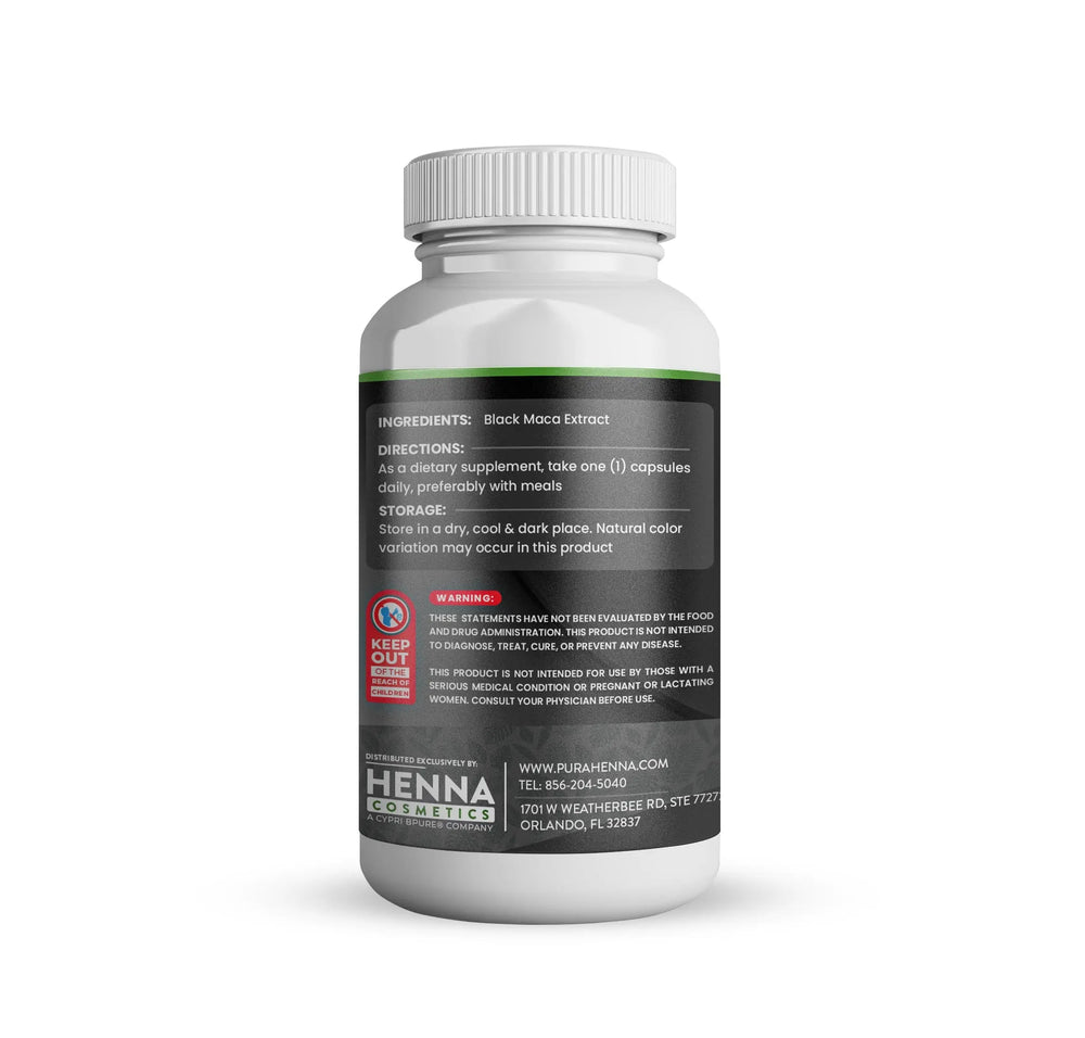 Black Maca Root 180 Capsules 20,000 mg Equivalent - Antioxidant and Adaptogen - Henna Cosmetics
