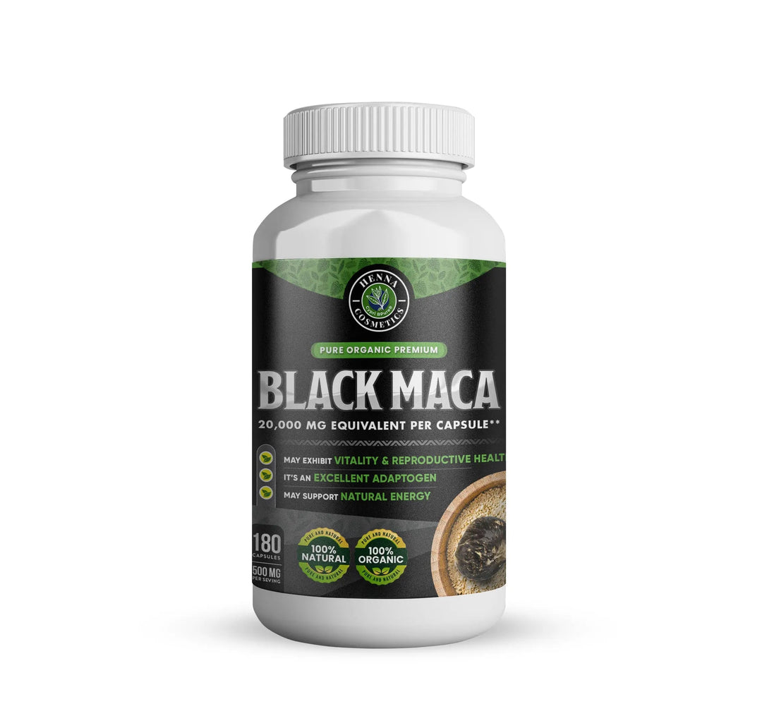 Black Maca Root 180 Capsules 20,000 mg Equivalent - Antioxidant and Adaptogen - Henna Cosmetics
