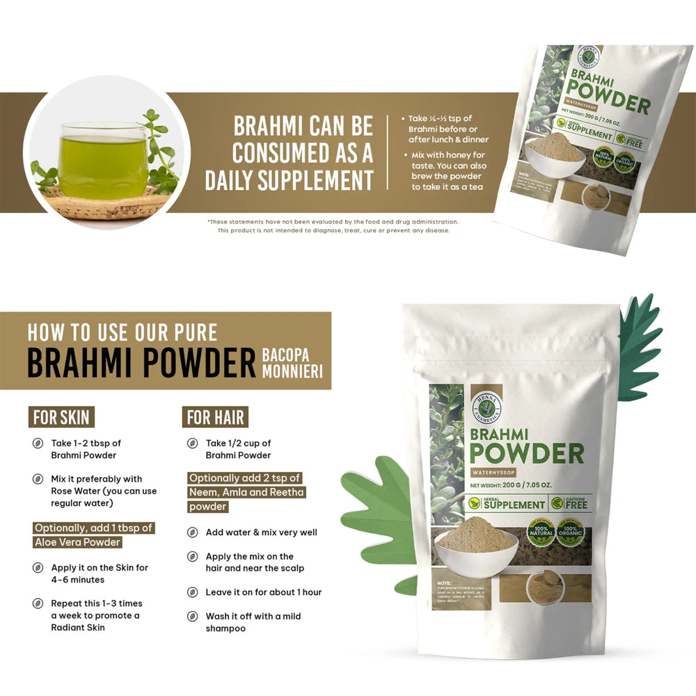Brahmi Powder 100 Grams (3.53 Oz.)  Herbal Supplement - Henna Cosmetics
