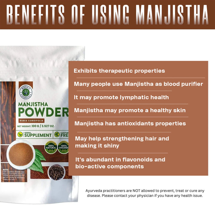 Manjistha Powder 100 Grams (3.53 oz.) Herbal Supplement - Henna Cosmetics