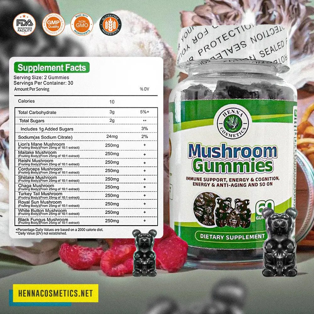 Mushroom Gummies Supplement - 10 Mushrooms Blend including Lion's Mane, Reishi, Cordyceps - Henna Cosmetics