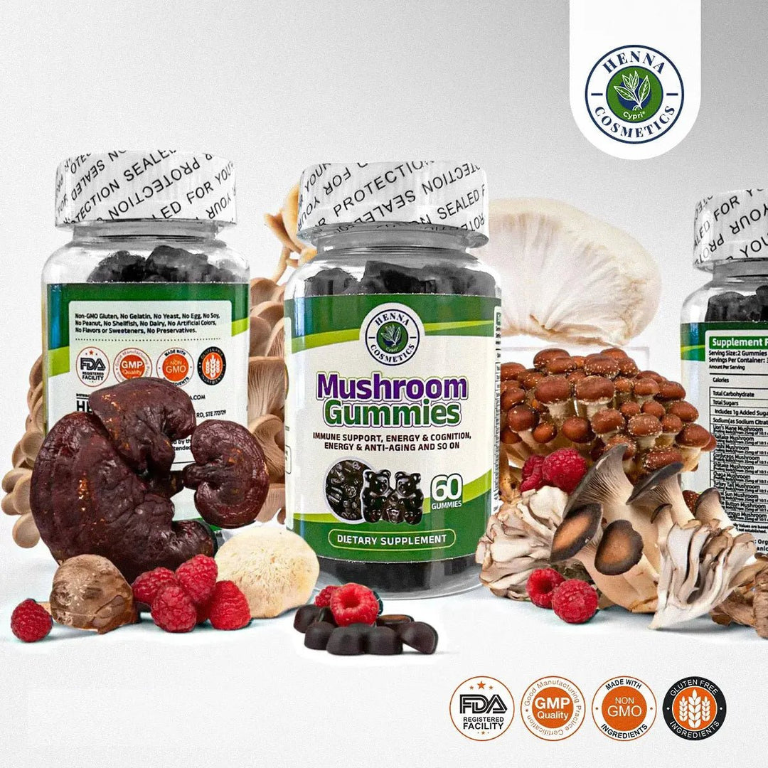 Mushroom Gummies Supplement - 10 Mushrooms Blend including Lion's Mane, Reishi, Cordyceps - Henna Cosmetics