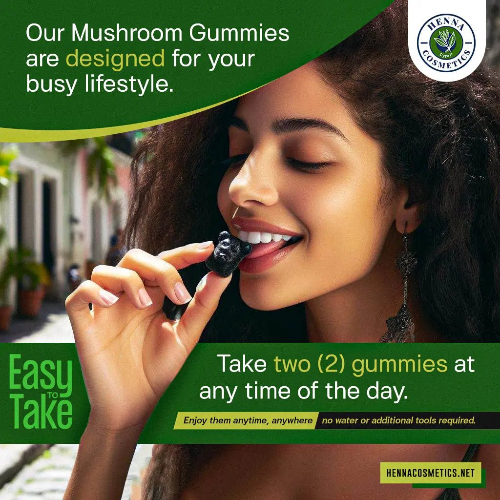 Mushroom Gummies Supplement - 10 Mushrooms Blend including Lion's Mane, Reishi, Cordyceps - Henna Cosmetics