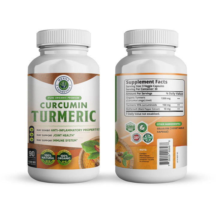 Turmeric Curcumin 1500 mg (90 Capsules) with Black Pepper - for Joints and Inflammatory Support - Henna Cosmetics