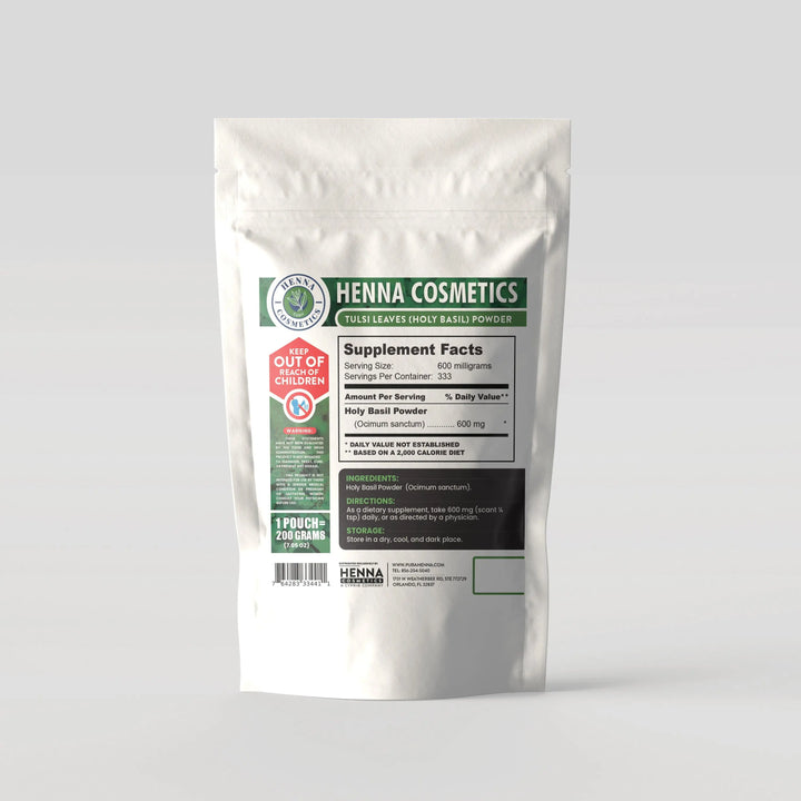 Tulsi Leaves Powder (Holy Basil) 100% Organic Herbal Supplent, Raw and Vegan |200 Grams/ (7.05 Ounces)| Henna Cosmetics - Henna Cosmetics