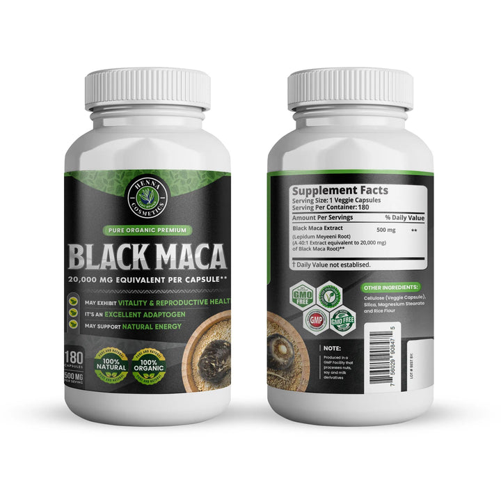 Black Maca Root 180 Capsules 20,000 mg Equivalent - Antioxidant and Adaptogen