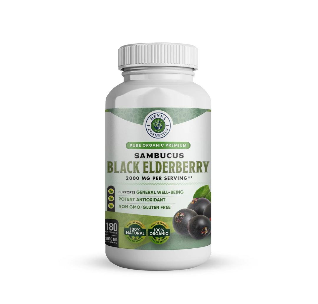 Black Elderberry Capsules 2000 mg (180 Capsules) - Sambucus Extract Herbal Supplement - Henna Cosmetics