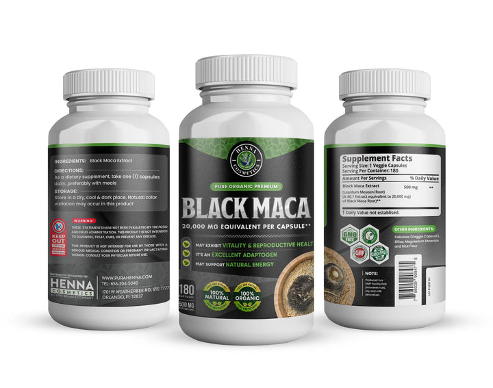 Black Maca Root 180 Capsules 20,000 mg Equivalent - Antioxidant and Adaptogen
