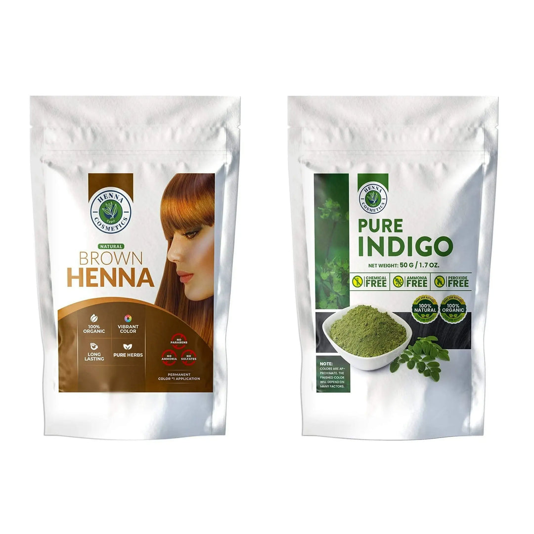 Brown Henna Mix, Hair Dye 100 Grams + Pure Indigo Powder 100 Grams. (Bundle for Gray Hair)