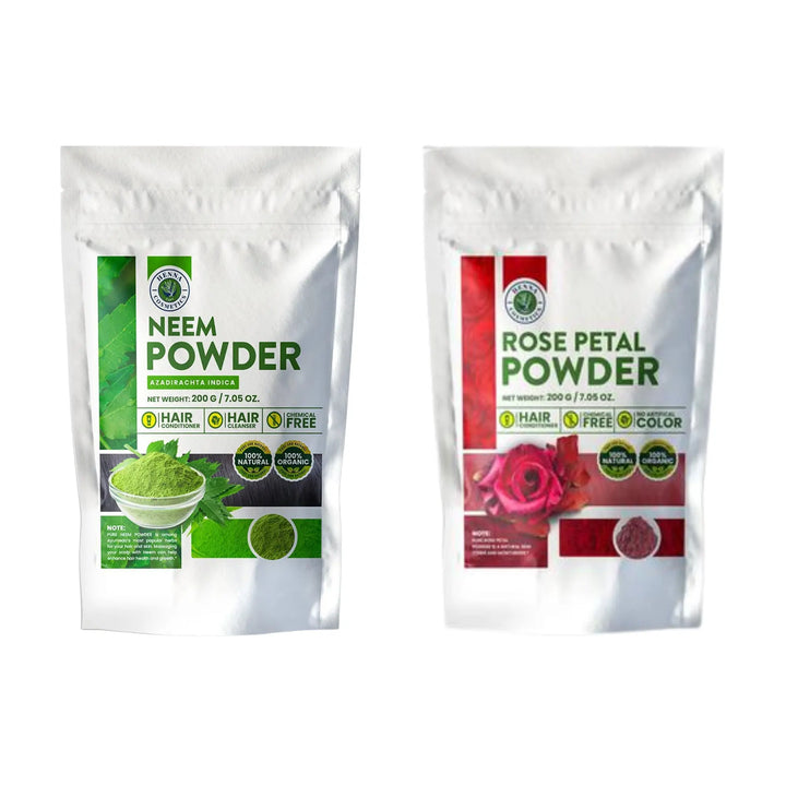 Rose Petal Powder 100 Grams Bundle with Neem Powder 200 Grams for Skin - Henna Cosmetics
