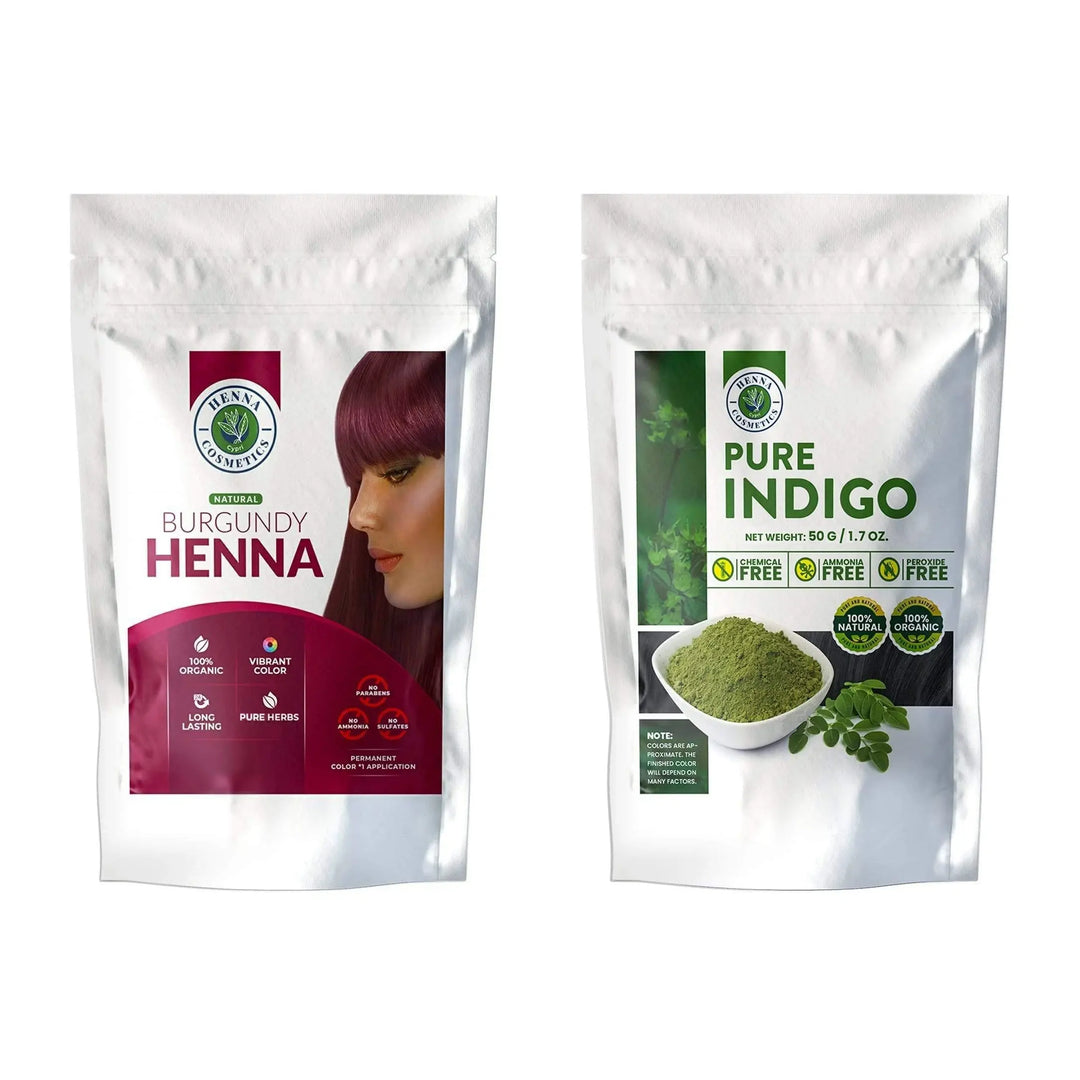 Burgundy Henna Mix, Hair Dye 100 Grams + Pure Indigo Powder 100 Grams. (Bundle for Gray Hair)