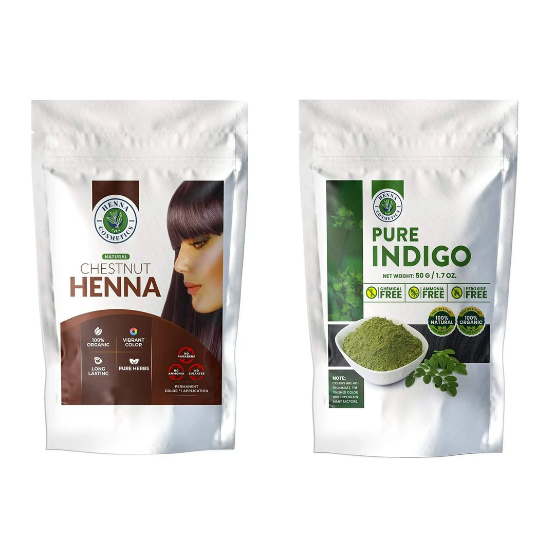 Chestnut Henna Mix, Hair Dye 100 Grams + Pure Indigo Powder 100 Grams. (Bundle for Gray Hair)