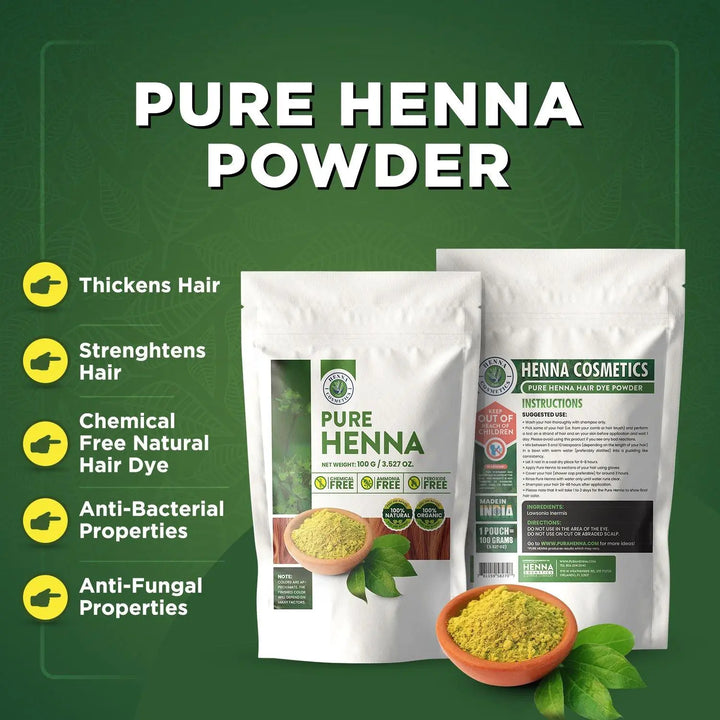 Henna Powder for Hair Dye, Color, Brown, Red | 100 Grams (3.52 Ounces) | 100% Natural, Pure, Organic | Henna Cosmetics - Henna Cosmetics